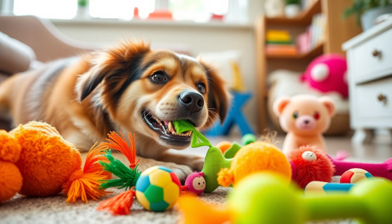 Playful dog enjoying various pet toys scattered across the floor, emphasizing fun and activity.