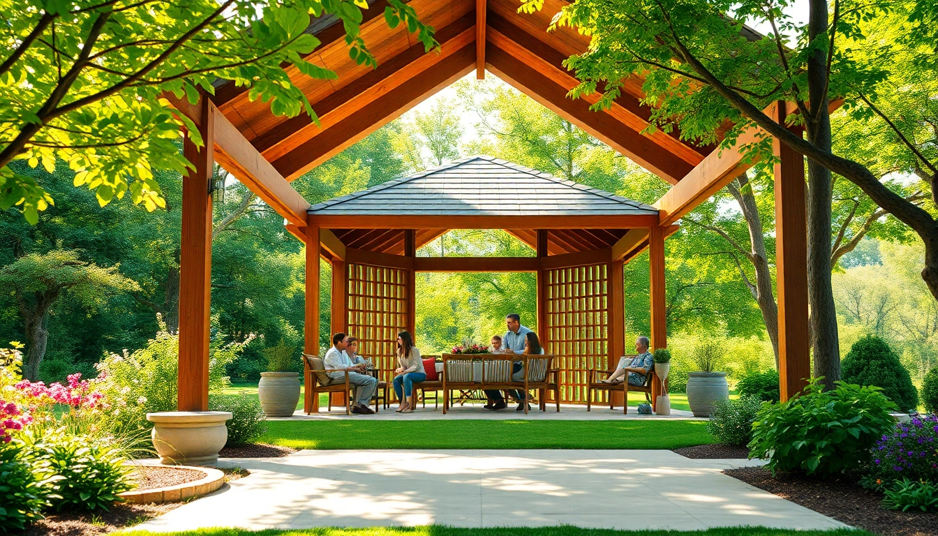 Enjoy a beautiful gazebo in Ireland, where friends gather for outdoor fun in a vibrant garden setting.