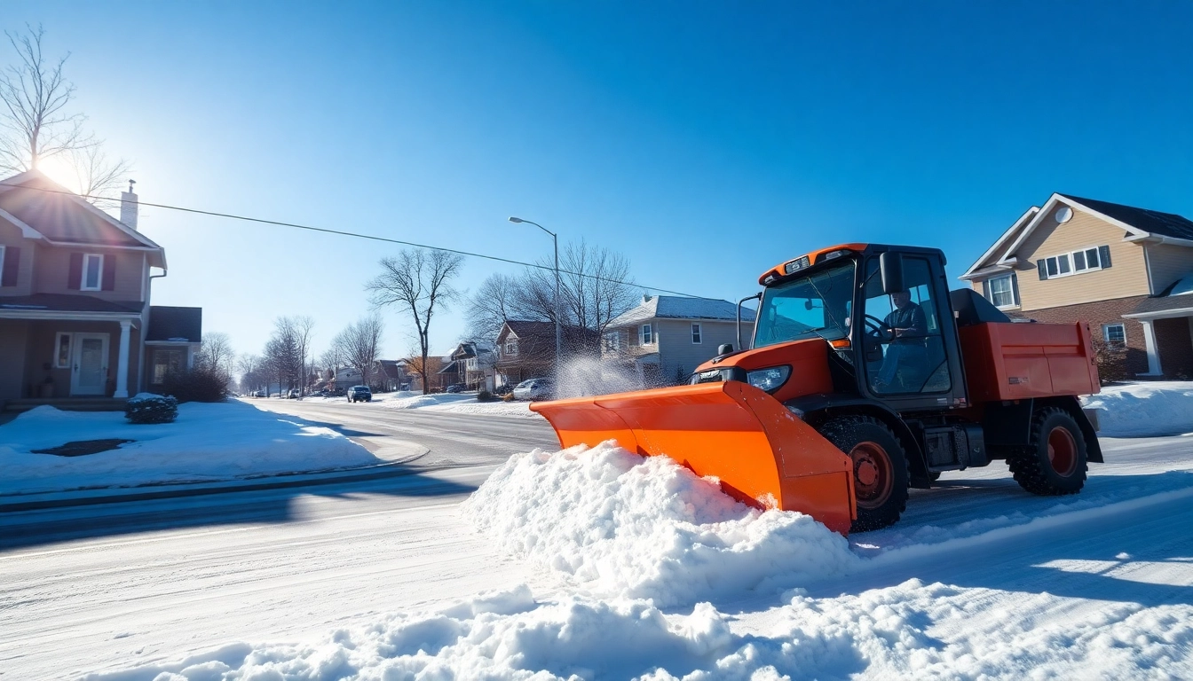 Snow plowing vehicle clearing snow from a residential street during winter.