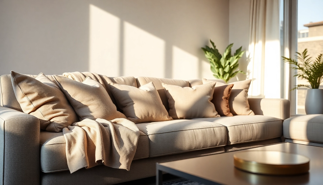 Stylishly draped housses de canapés enhancing a modern sofa in a cozy living room.