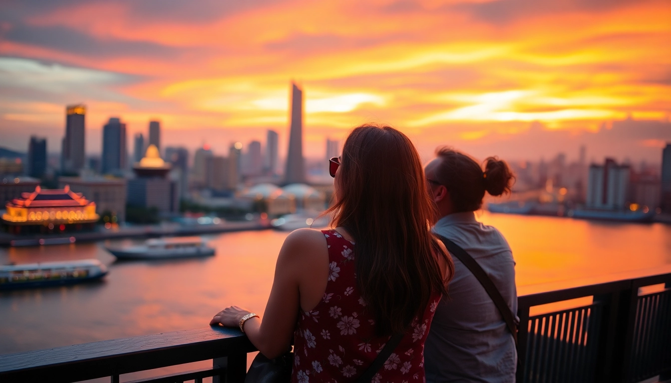 Experience the luxury of 호치민 황제투어 실제 후기 as a couple enjoys a sunset in Ho Chi Minh City.