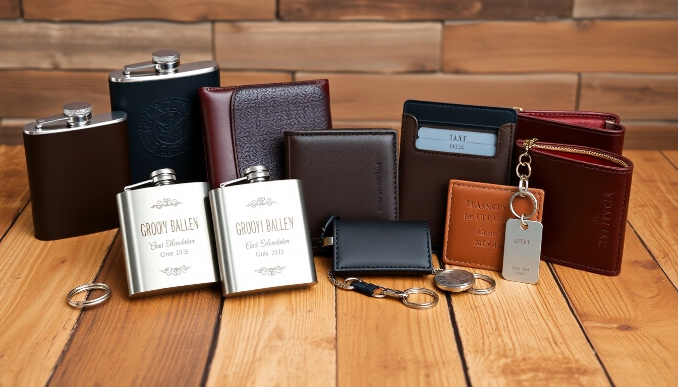 Discover trendy and unique cheap groomsmen gifts, featuring custom flasks and wallets beautifully arranged.