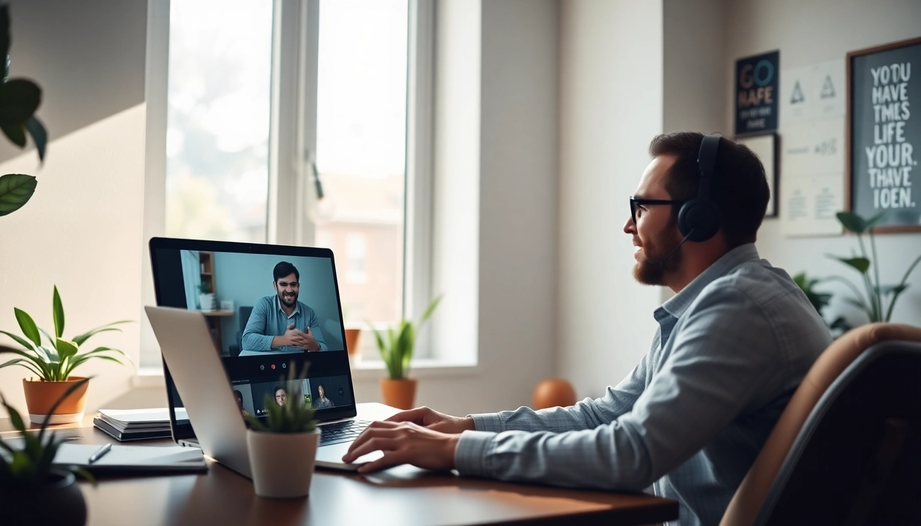 Engage in virtual job shadowing through video calls in a modern home office.