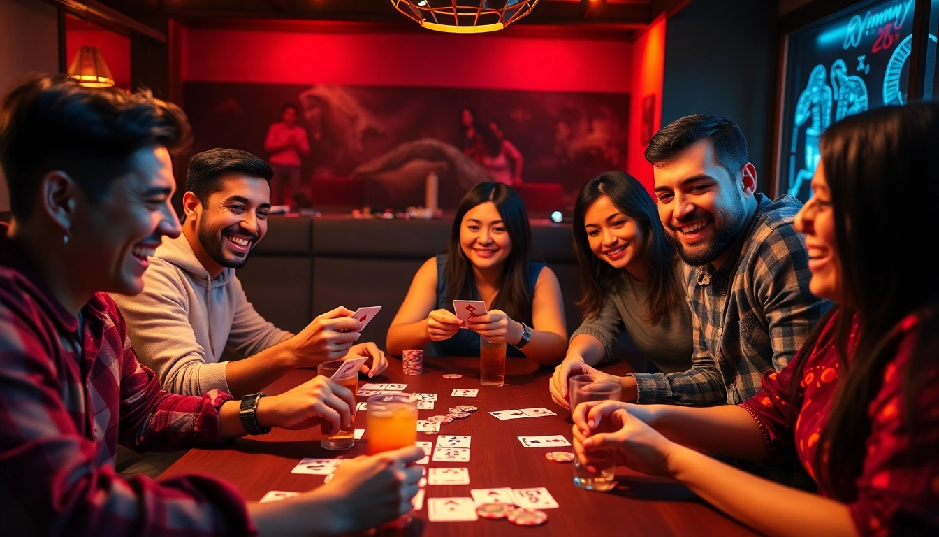 Players enjoying Rummy Wealth while showcasing vibrant chips and cards at a social gathering.