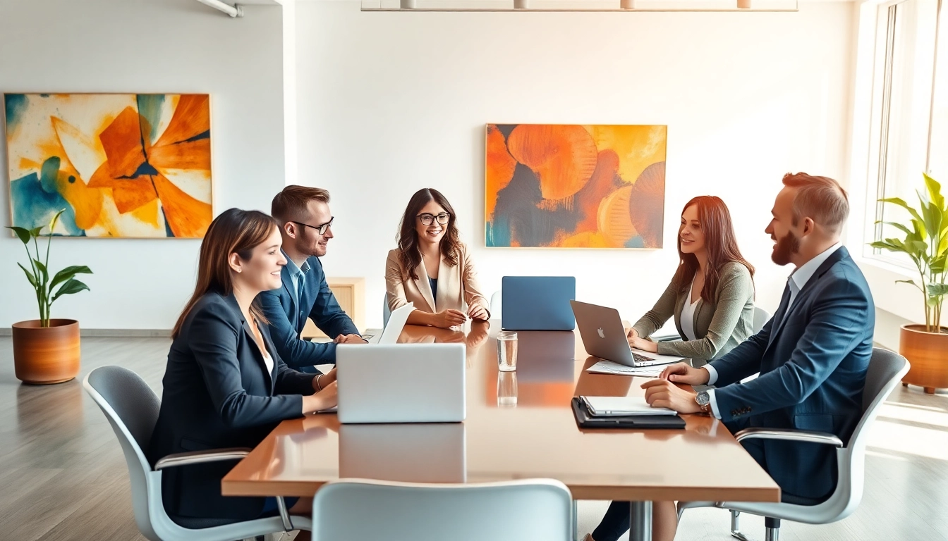 Team collaborating on outsourcing strategies in a modern office environment.