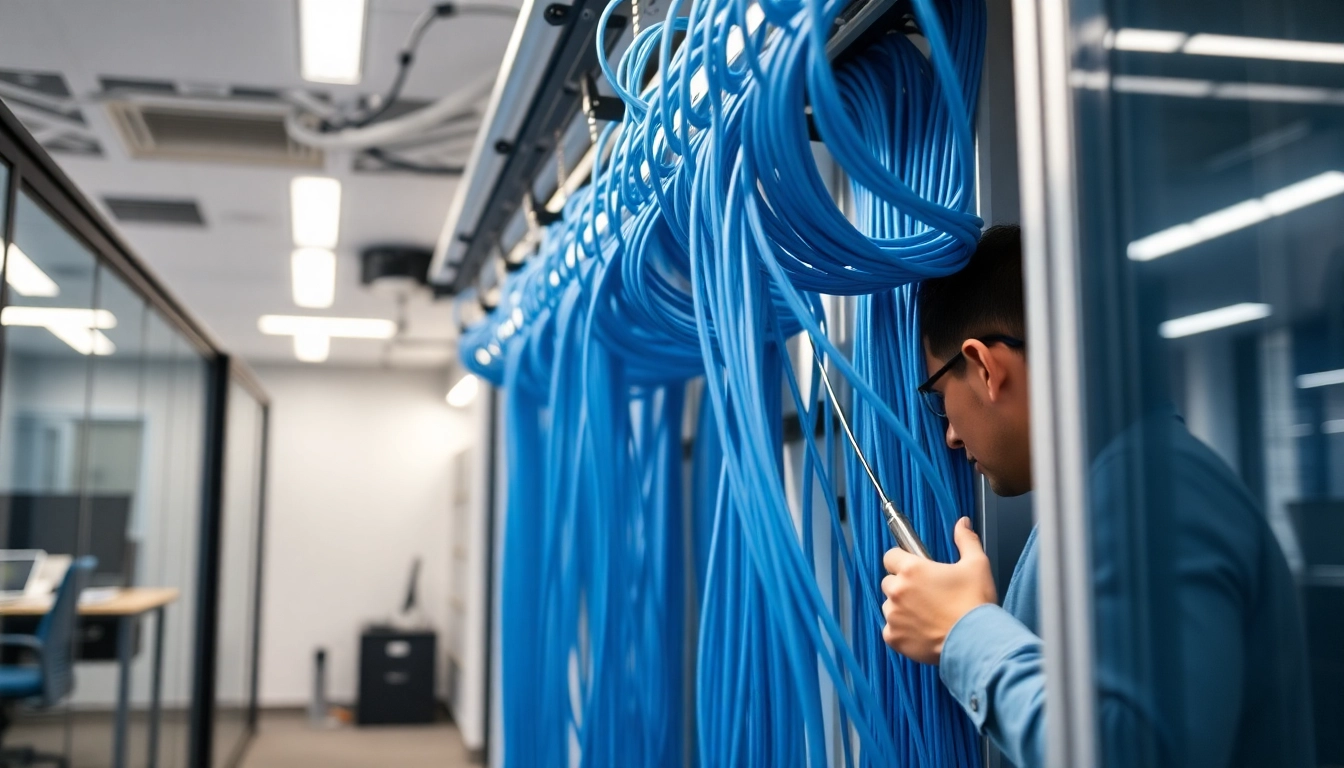 Experienced technicians providing Data Cable Installation service in a modern office environment, ensuring quality and organization.