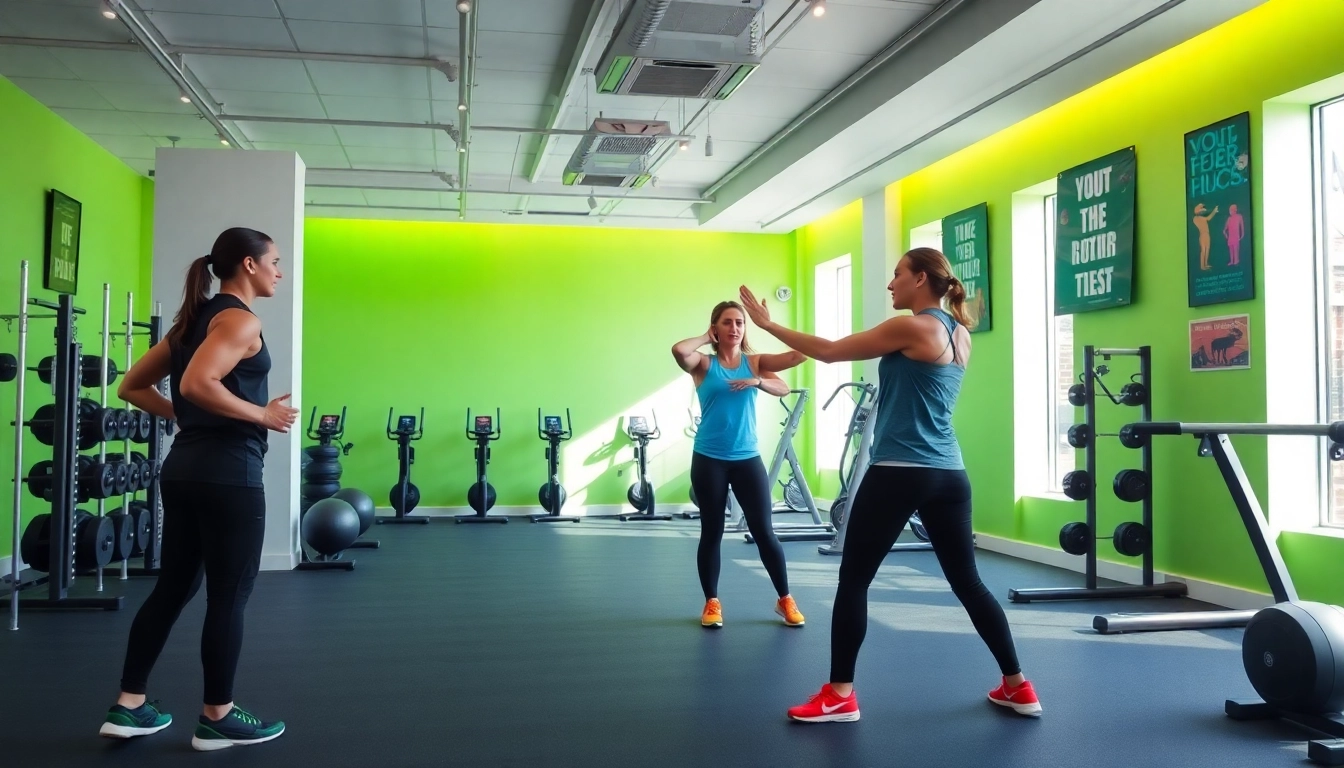 Effective Personal Trainer demonstrating techniques in a vibrant fitness studio, inspiring clients.