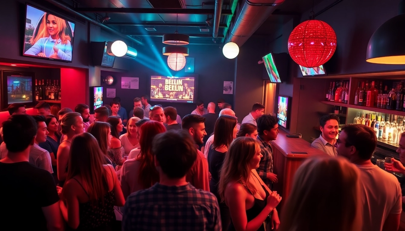 Enjoy the lively atmosphere of an afterwork party in Berlin with friends and colorful lights.