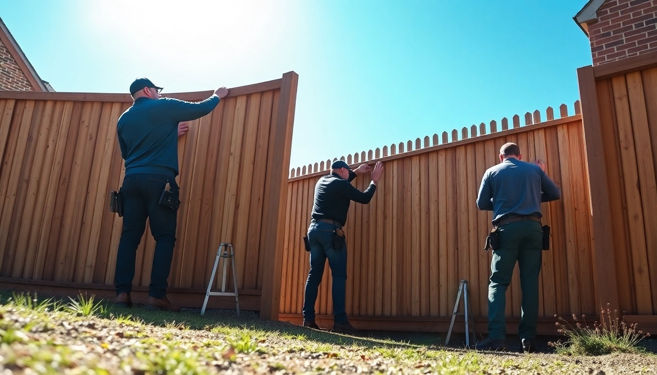 Fencing companies Manchester installing a wooden fence with skilled professionals in a sunny environment.