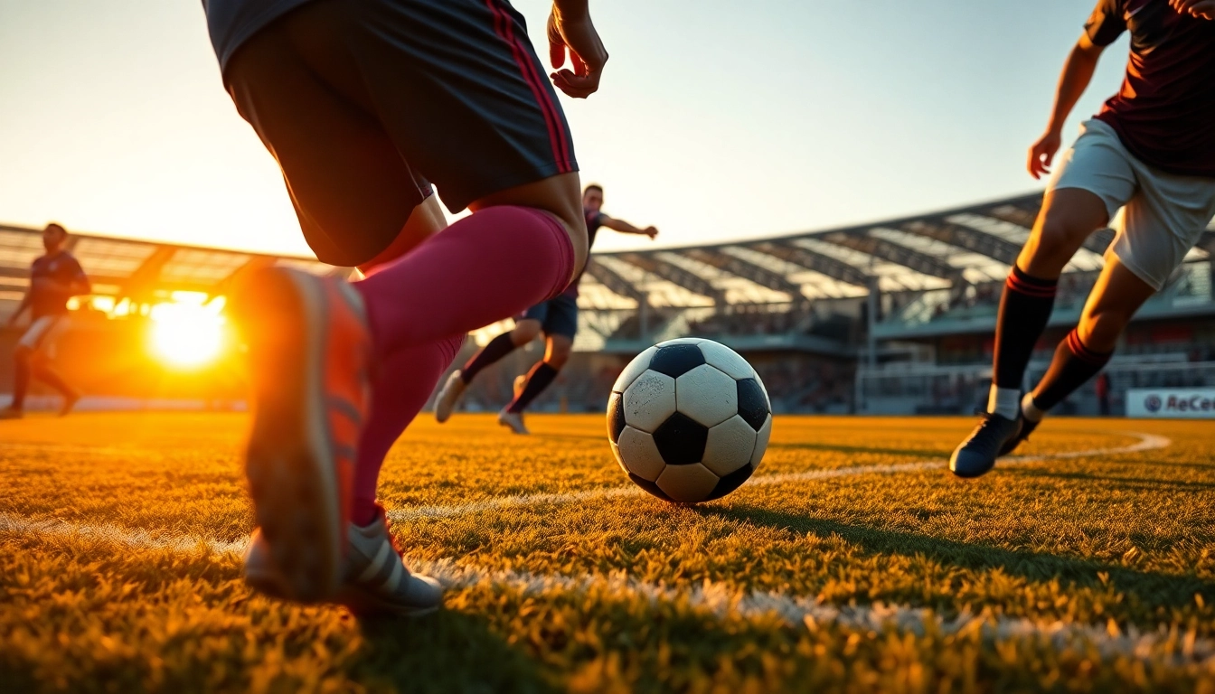 Kickoff moment highlighting ราคาบอล action on the field, with intense players and cheering fans, showcasing the game atmosphere.