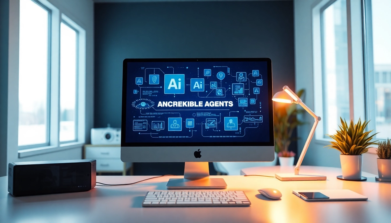 Engage with AI marketing agents automating digital tasks in a vibrant modern workspace.