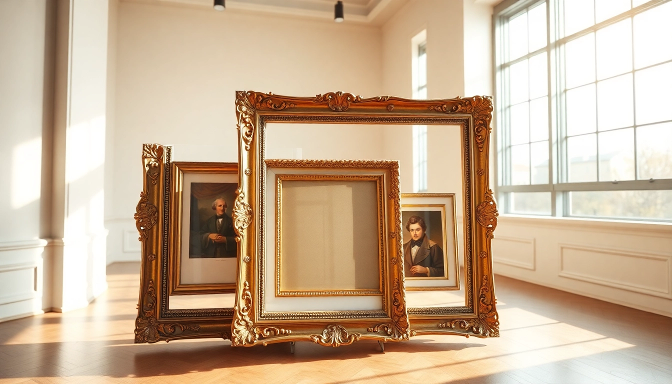 Showcasing ornate picture frames with exquisite designs in a sunlit gallery.