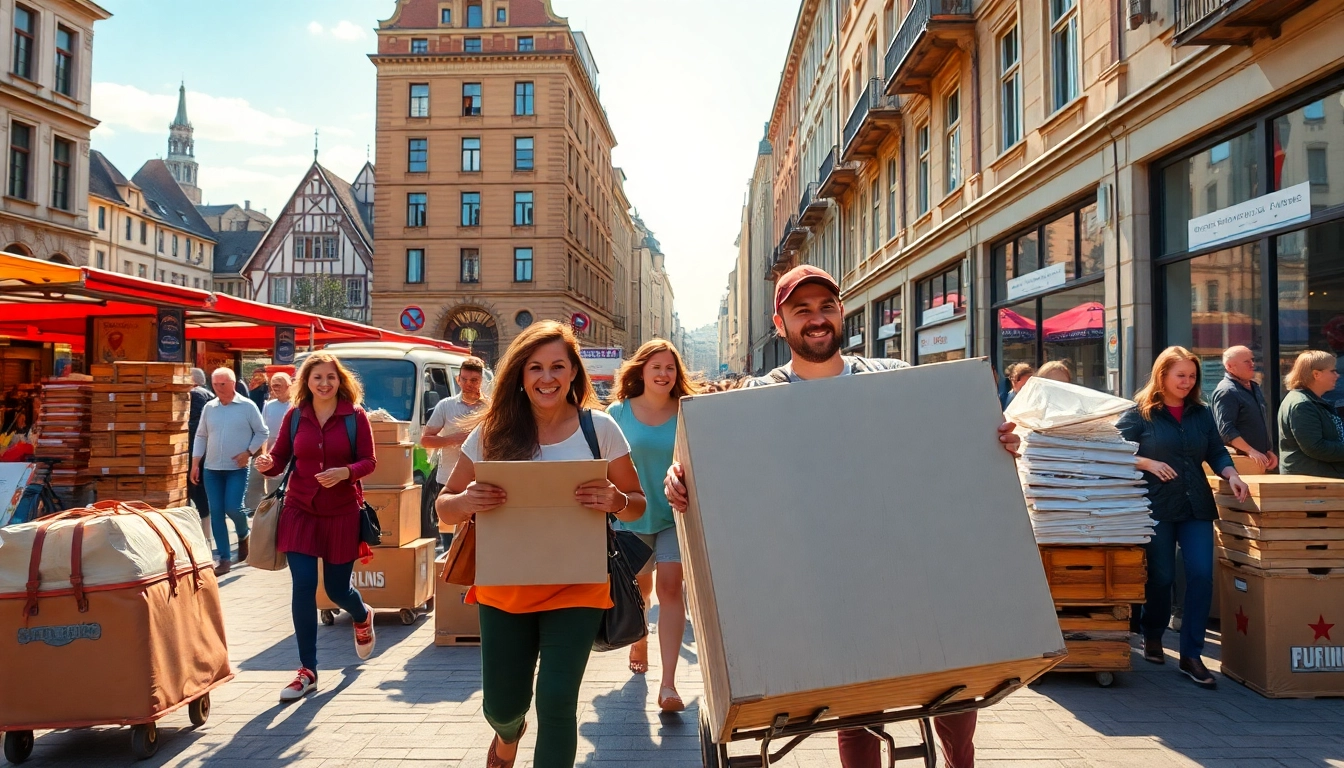 Umzug Fürth: families joyfully managing their relocation in bustling Nürnberg with professional movers.