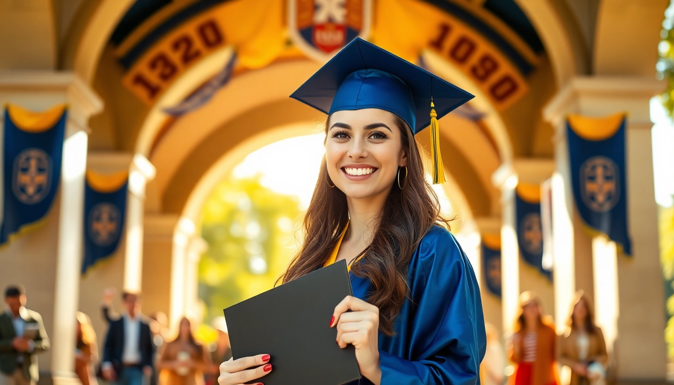 Celebrate an original UK degree as a proud graduate stands in a university setting.