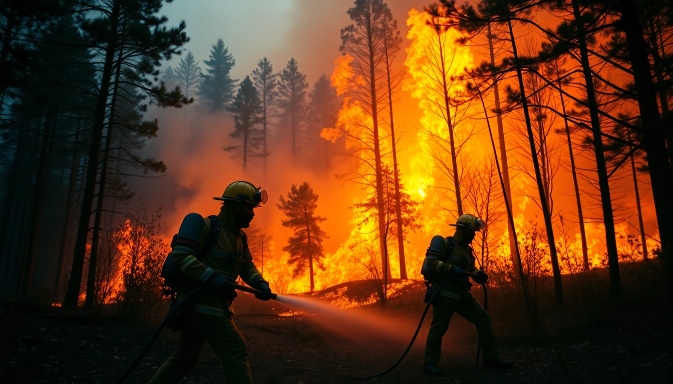 Firefighters actively addressing wildfire events amidst a fierce forest blaze.