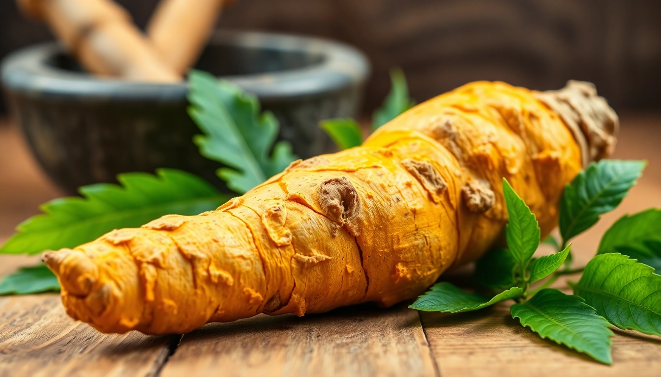 Showcasing Turmeric Root with vibrant textures and earthy colors on a rustic table setting.