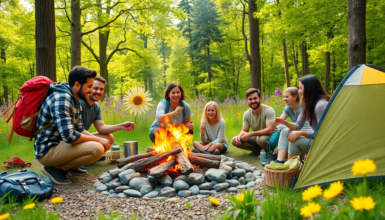 Families enjoying outdoor adventures at www.sudswild.com, building a campfire in a vibrant forest.