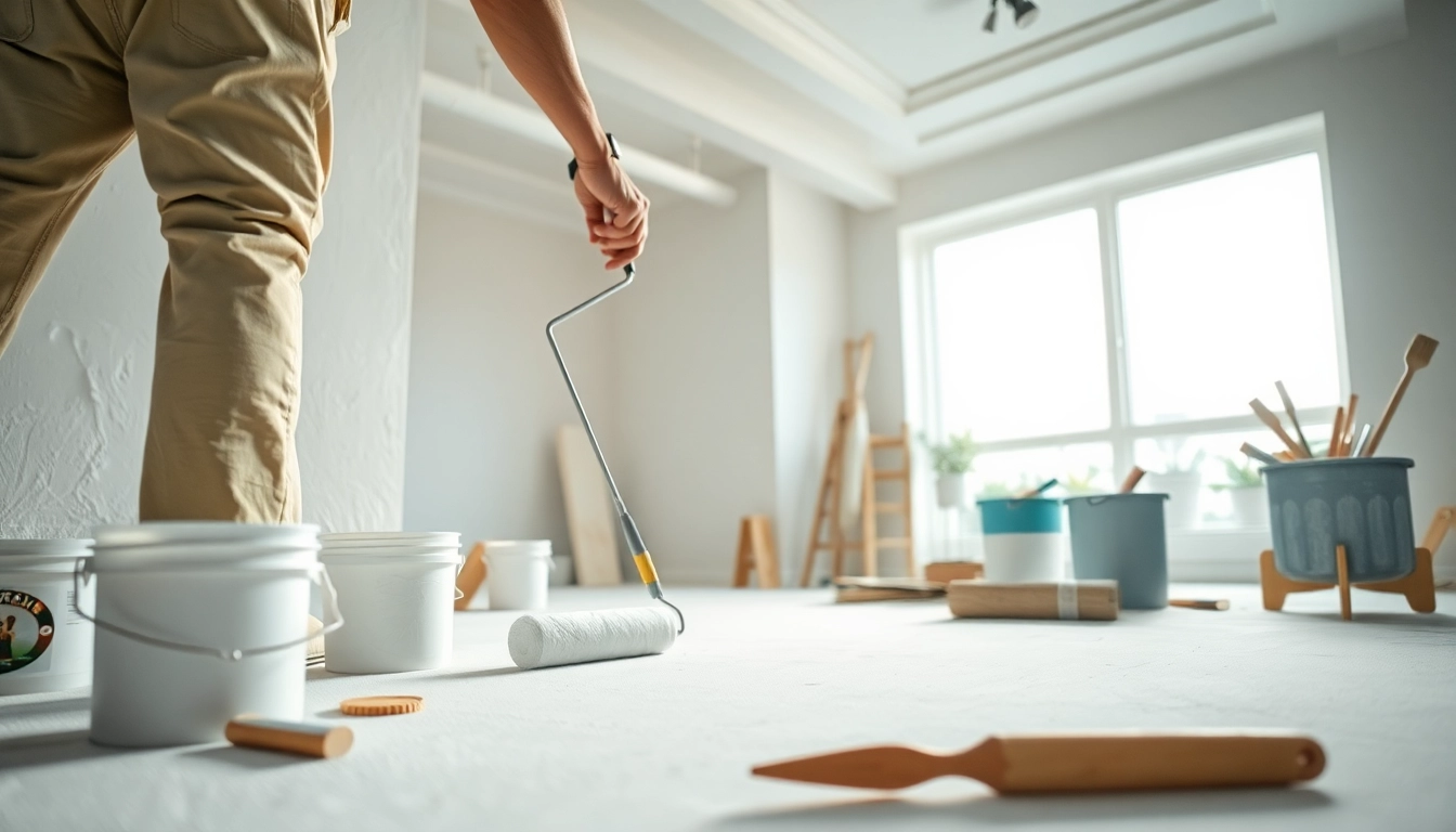 Engaging drywall painting action capturing a painter at work on a smooth surface, showcasing a vibrant indoor setting.