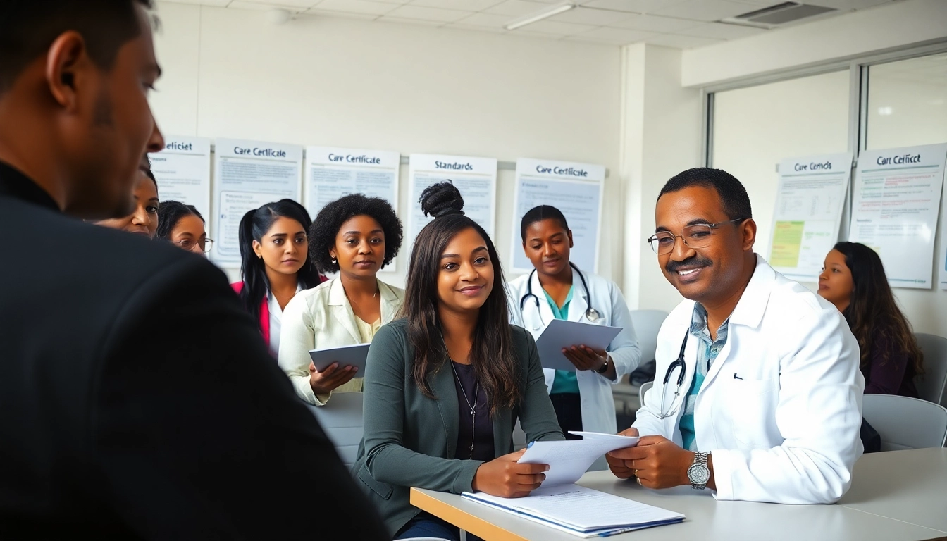 Engaged caregivers discussing Care Certificate answers in a vibrant classroom setting.