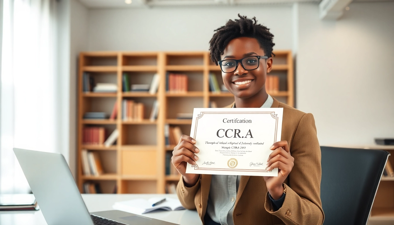 Showcasing a proud graduate with their CCRA certification on display in a professional setting.