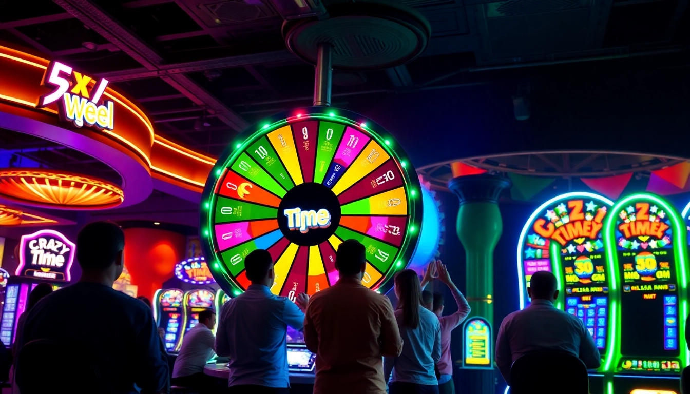 Engaging scene showcasing Crazy Time stats on colorful wheel in a lively casino environment