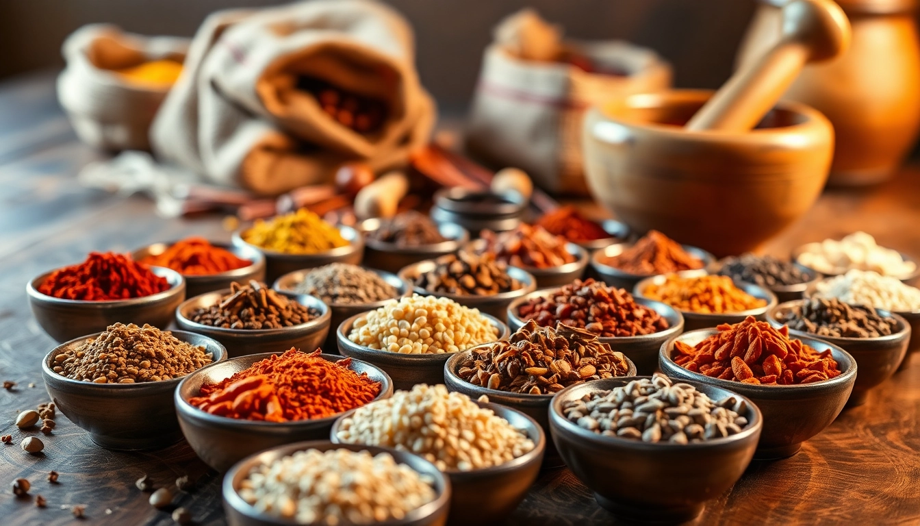 Épices orientales colorées disposées sur une table en bois, illustrant la diversité des saveurs.