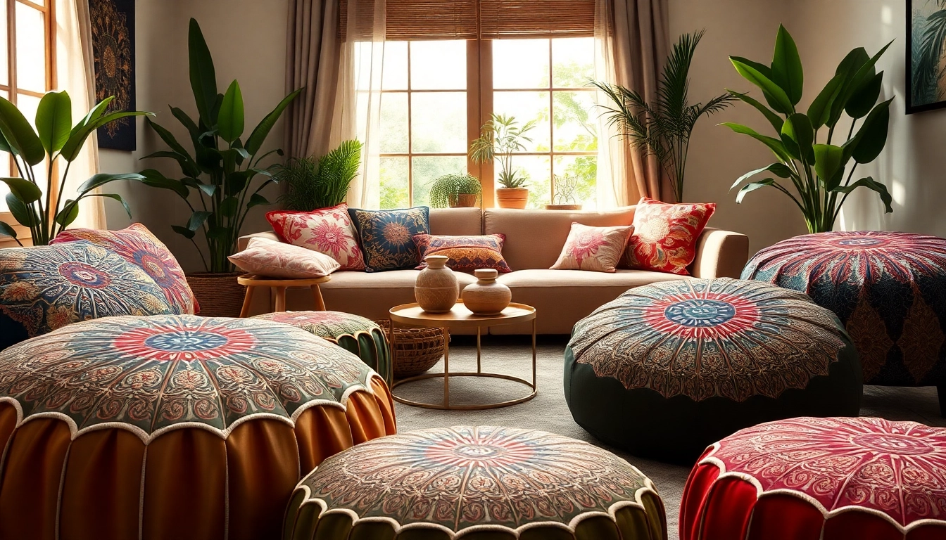 Cactus silk Poufs beautifully arranged in a cozy living room with vibrant designs.