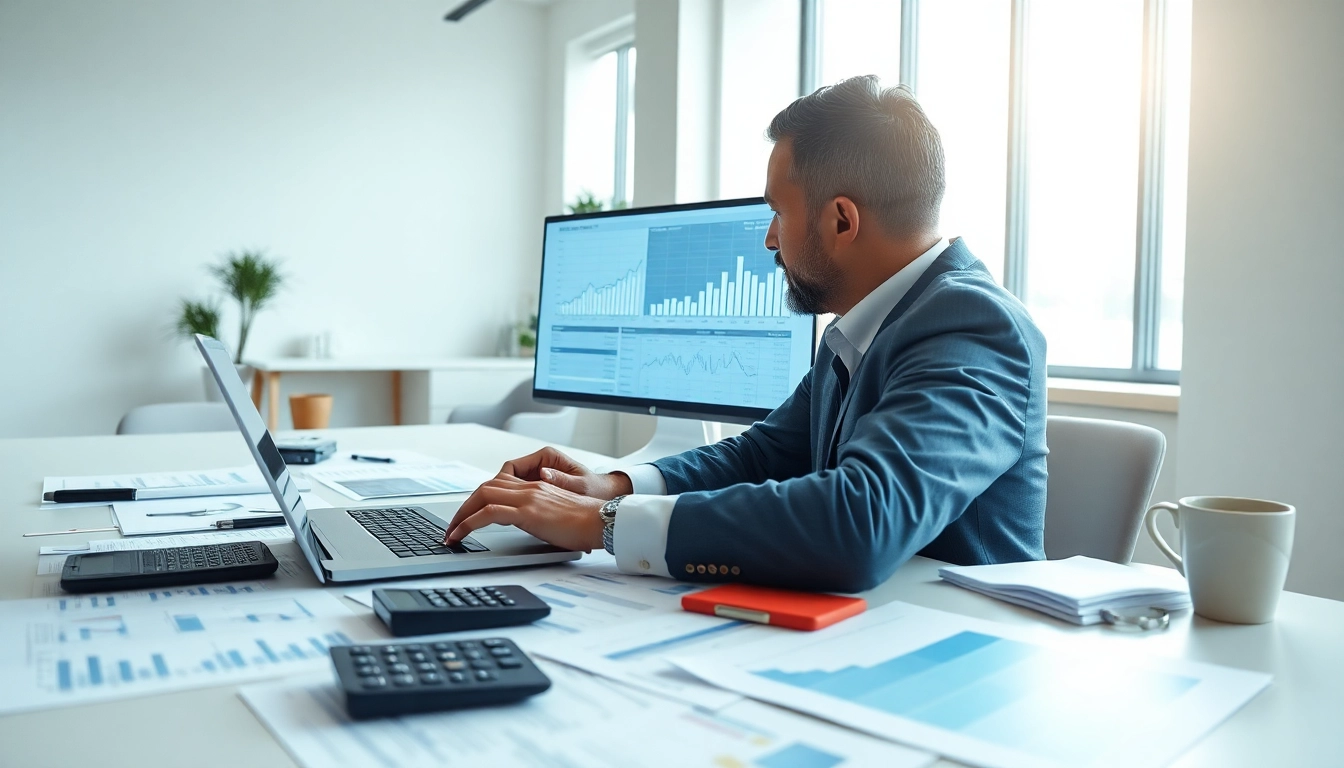 Financial analyst performing an impairment test analysis in a bright office setting with reports and charts.