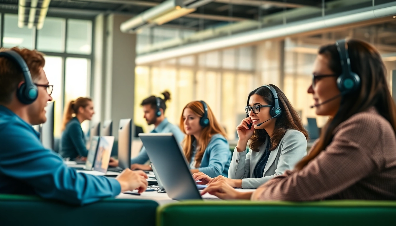 Call Center Solutions team collaborating in a modern workspace showcasing efficiency and connectivity.