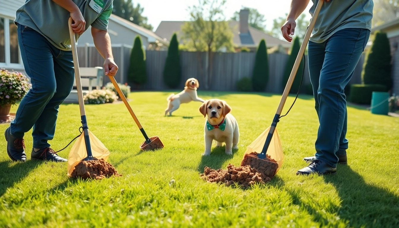 dog poop cleaning service technicians actively cleaning a suburban yard