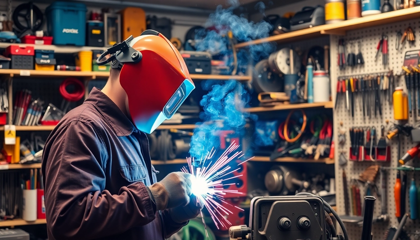Find quality welding supplies near me showcased by a professional welder in a vibrant workshop.