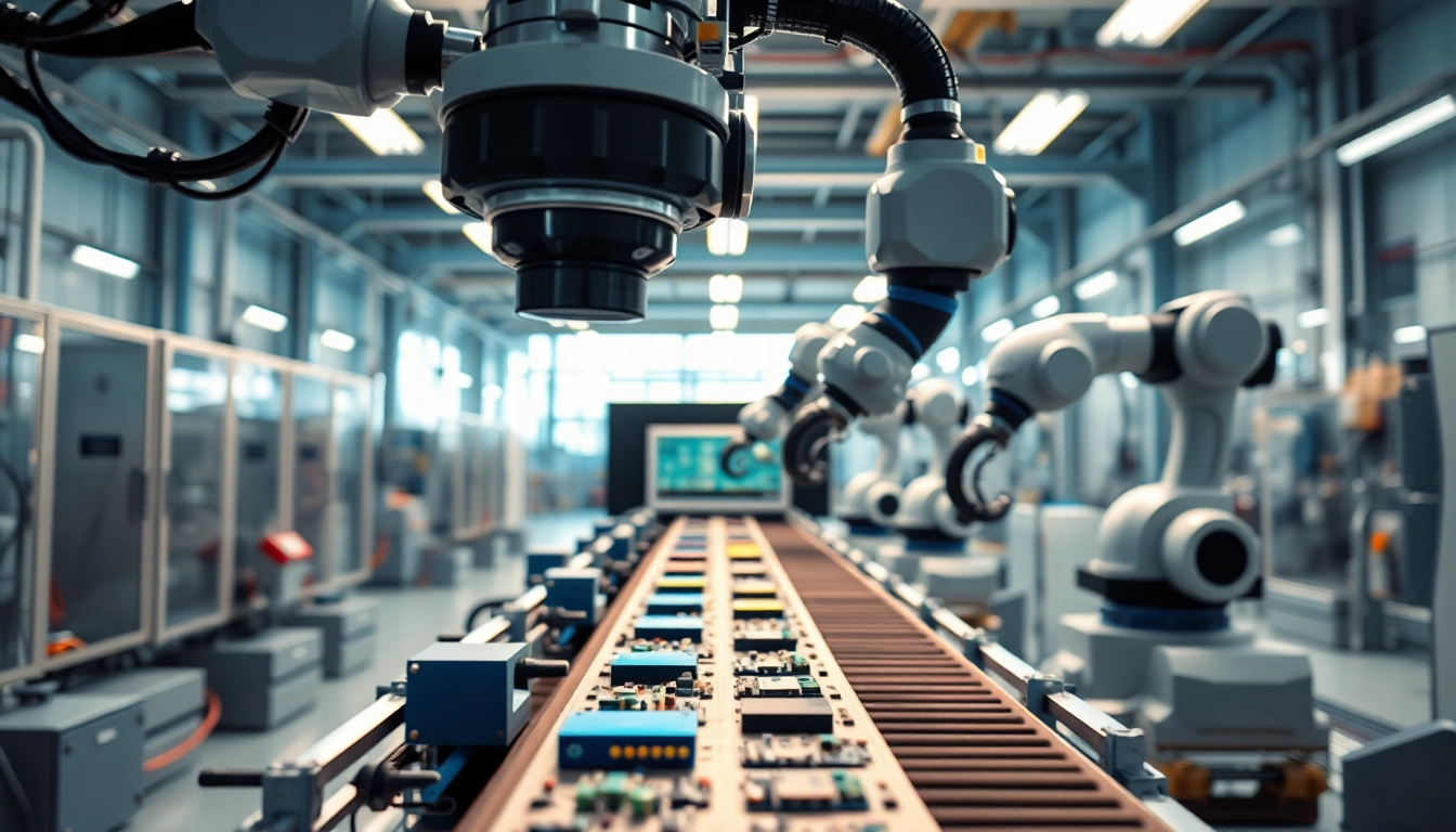 Machine vision technology analyzing products on a high-tech assembly line in a bright factory.