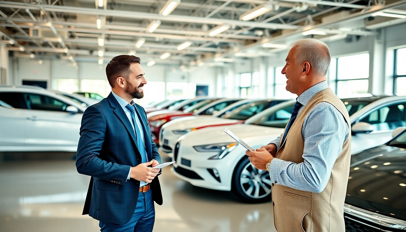 Engaging scene of a competitive car part exchange at a dealership, showcasing friendly interaction and professional environment.