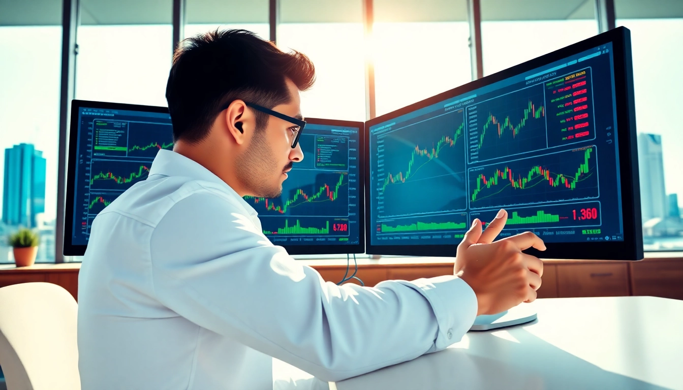Trader examining charts for trade futures in a sleek office with city view.