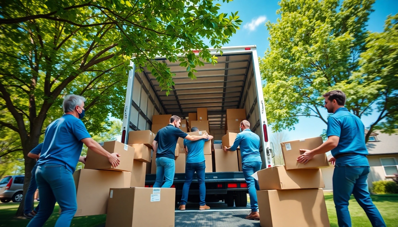 House moves with a professional team efficiently packing boxes for relocation.