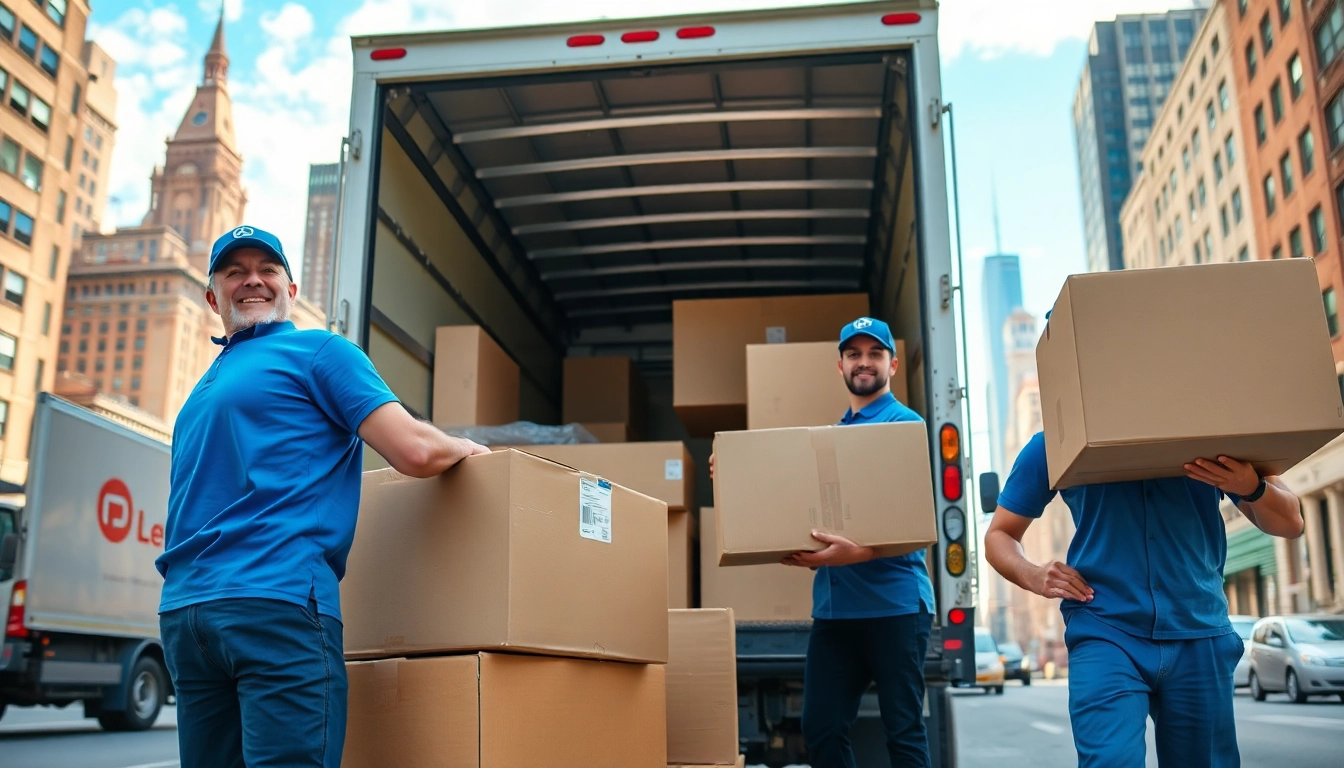 Movers nyc skillfully packing furniture into a truck against the bustling NYC skyline.