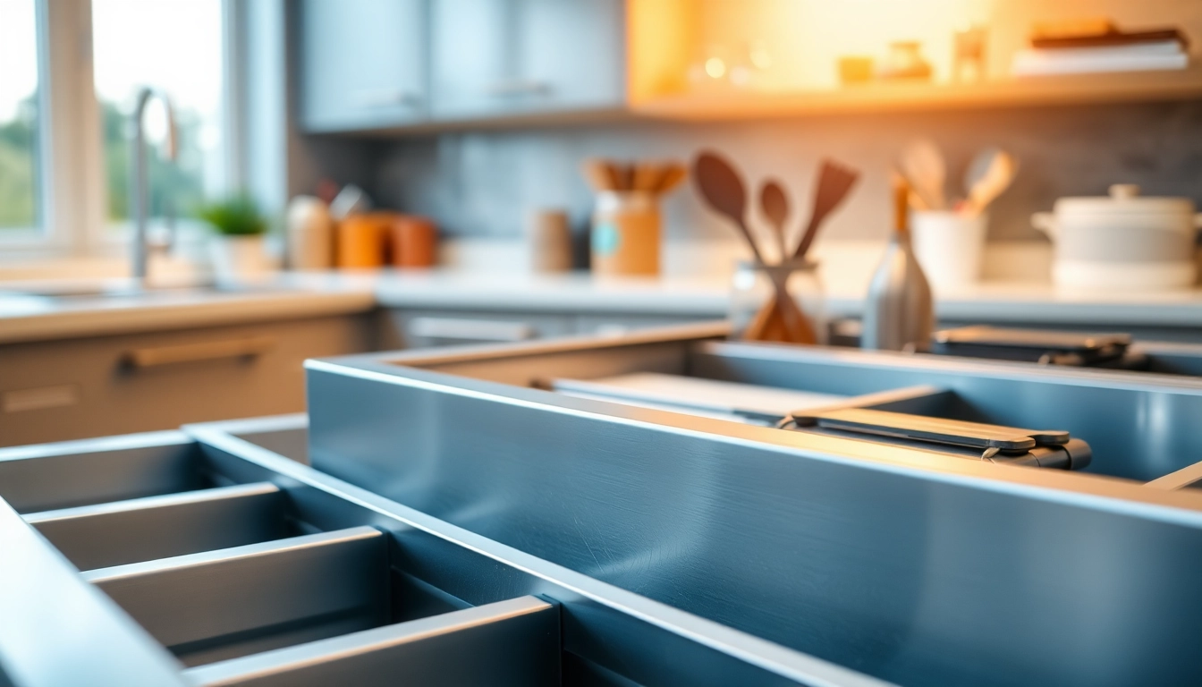 Showcasing a sleek Metal Drawer System in a modern kitchen environment, emphasizing quality and design.