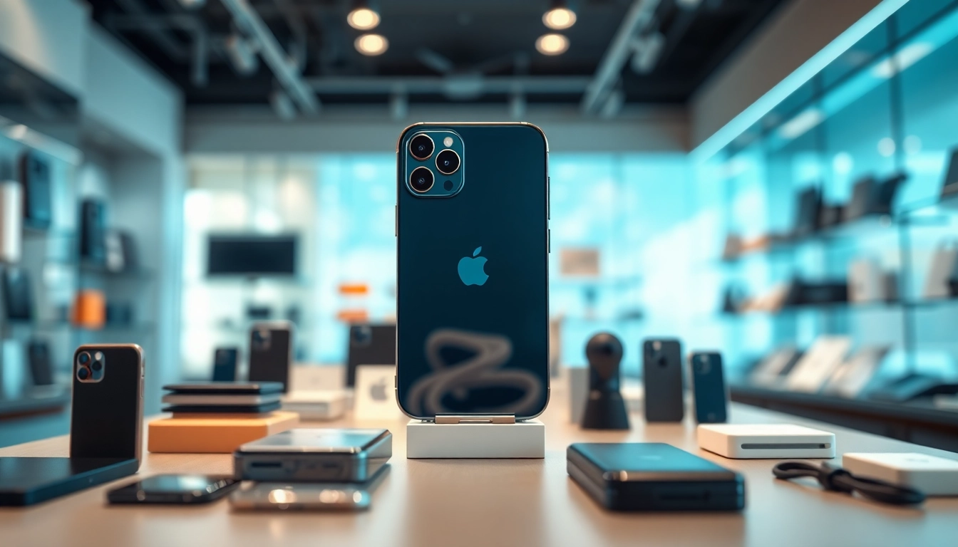 Buy iPhone Pro Max with sleek design and elegant accessories in a modern shopping scene.