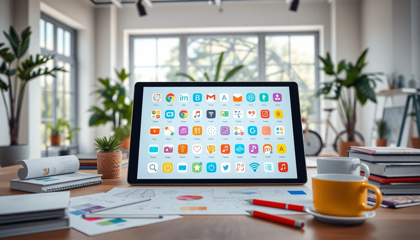 Design studio showcasing unique icons for graphic projects on a digital tablet.