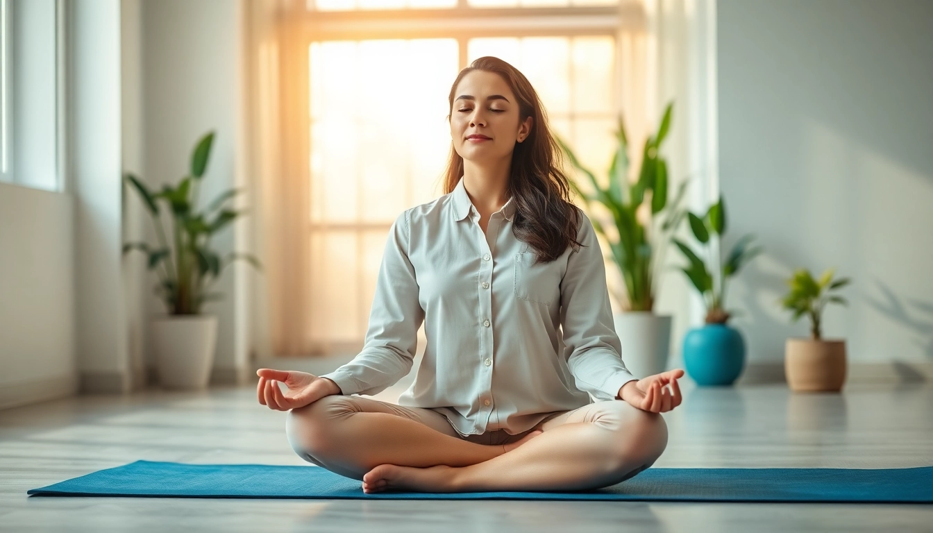Practicing mindfulness techniques for dealing with stress in a serene office environment.