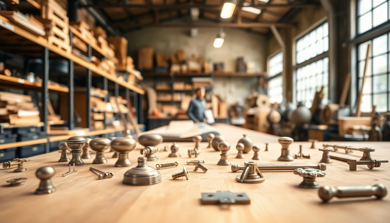 Showcase of furniture hardware manufacturers' top-quality products on a workbench.