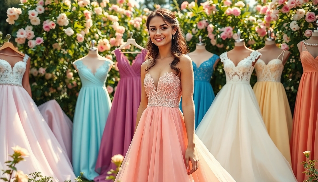 Showcasing diverse coloured wedding dresses in a lush garden, emphasizing elegance and style.