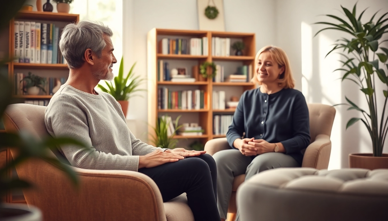 Client practicing mindfulness for dealing with stress in a calming therapy session.