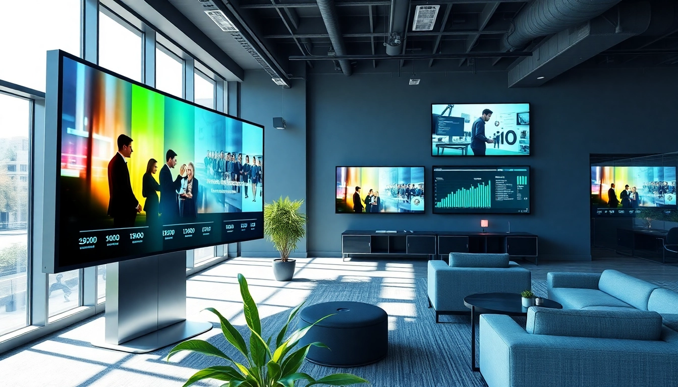 Engaging digital signage for offices showcasing real-time updates on modern displays in a lively workspace.