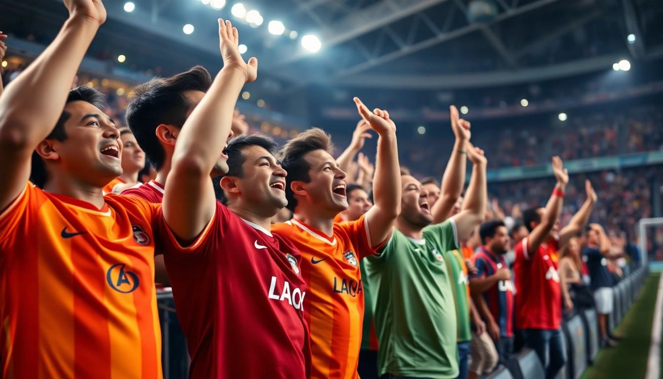 Cheering football fans celebrating judi bola terpercaya with team pride and vibrant energy.
