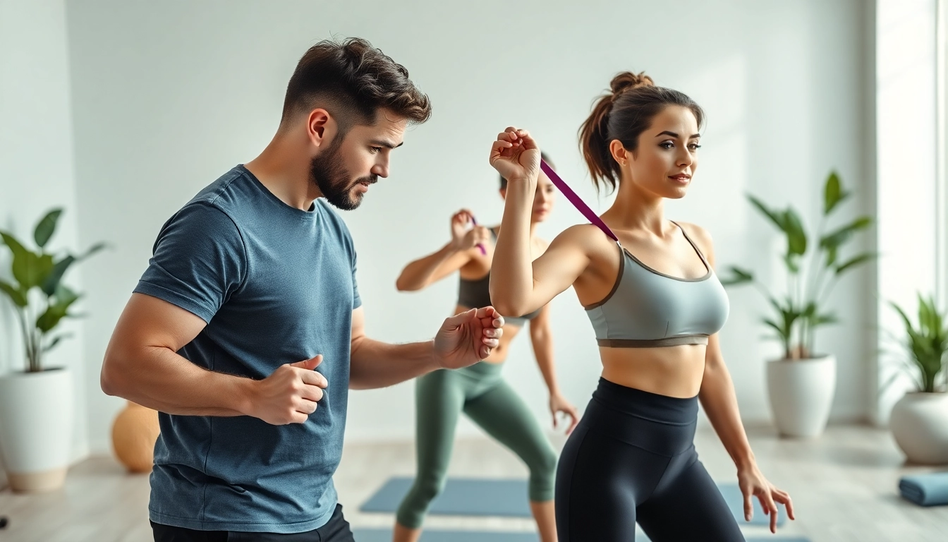 Expert in best slimming techniques guiding client through focused exercises in a serene spa.
