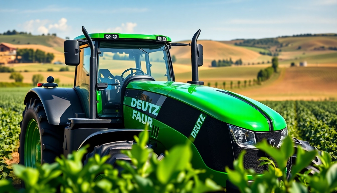 Deutz Fahr Traktor auf einem blühenden Feld mit modernem Design und landwirtschaftlichen Werkzeugen.