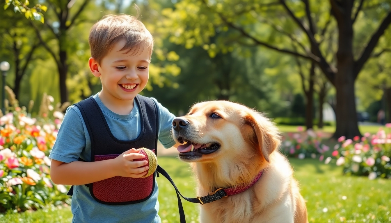 Child with autism joyfully playing with a trained autism service dog for sale in a sunny park.