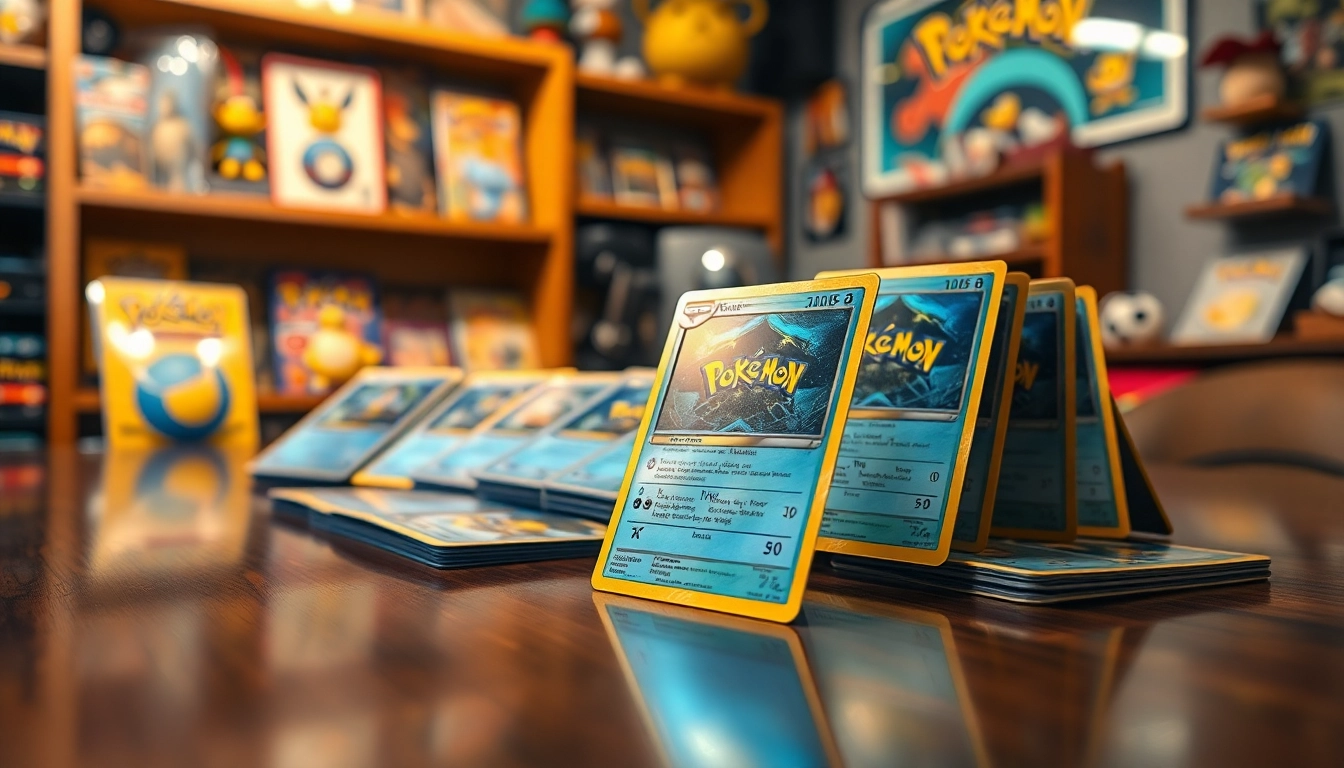 View vibrant real pokemon cards collection highlighting a holographic card on a wooden tabletop.