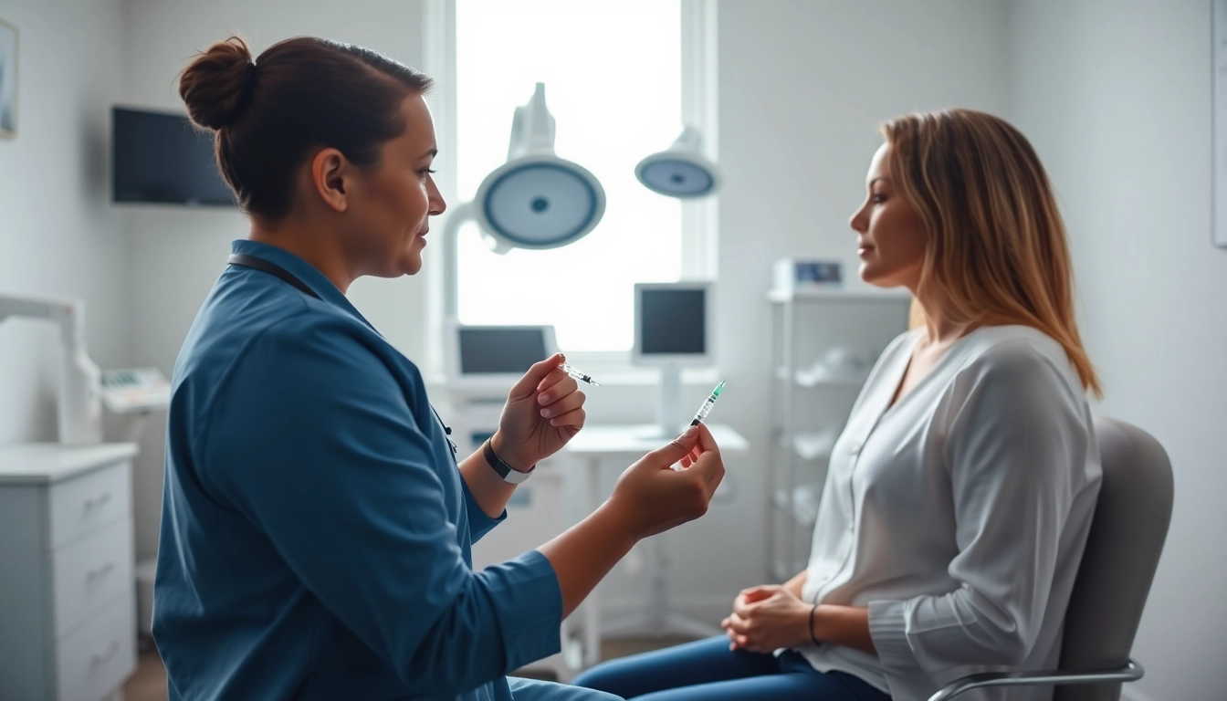 Injectable Weight Loss procedure demonstrating a medical consultation between provider and patient.